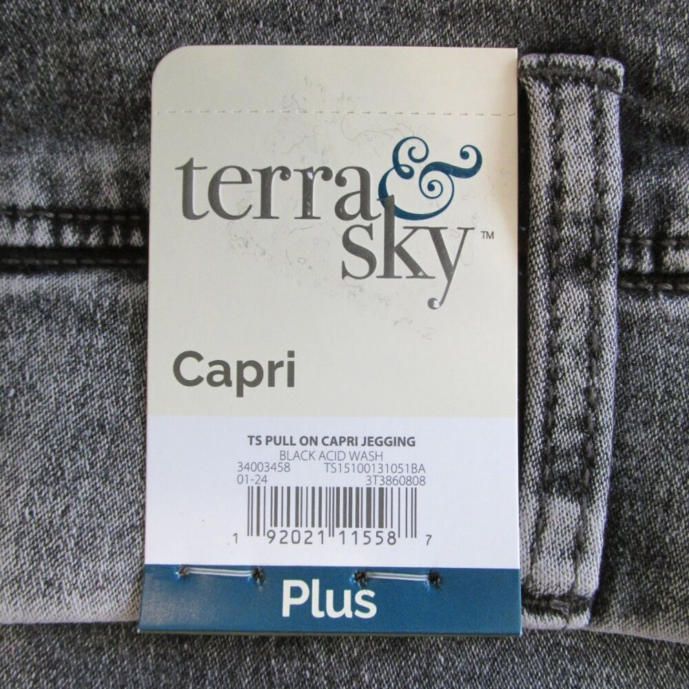 TERRA & SKY WOMEN'S SIZE 1X (16W/18W) CAPRIS JEANS BLACK ACID WASH JEGGINGS NWT - Picture 9 of 9